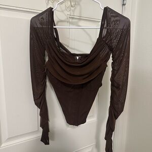 Elegant Brown Mesh Long Sleeve Women's Top